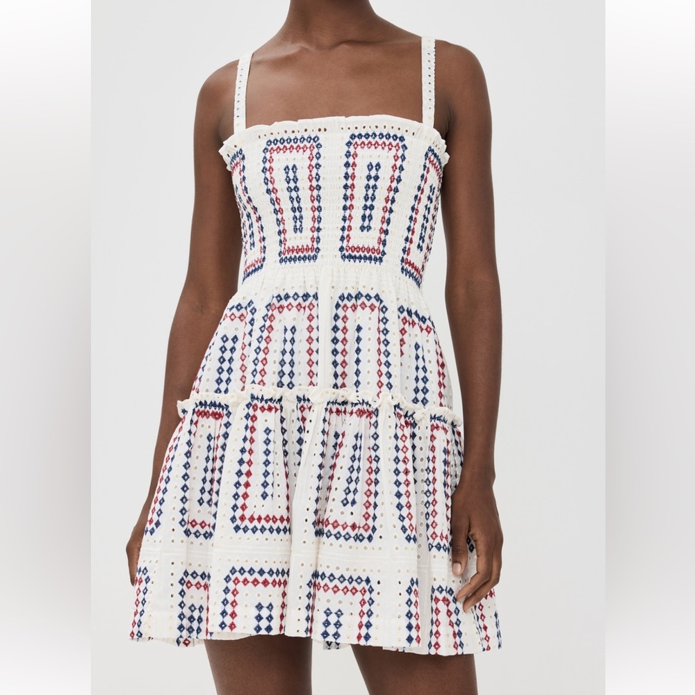 Hill House Seraphina mini nap dress with Red & Blue Embroidery